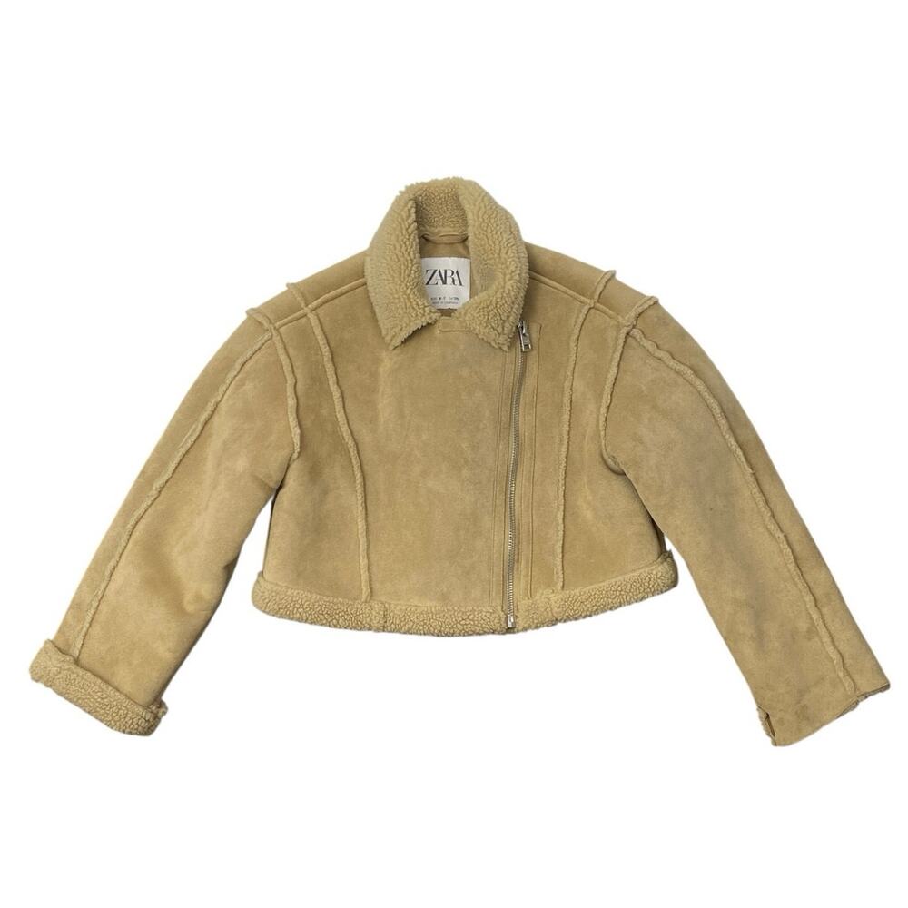 Zara Kids Girls Faux Shearling Aviator Collared Long Sleeve Crop Coat Jacket 6-7